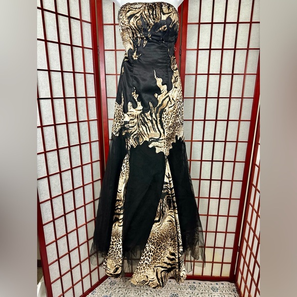 Vintage Y2K Night Moves Strapless Leopard Animal Print Mermaid Tulle Prom Dress - Picture 1 of 9